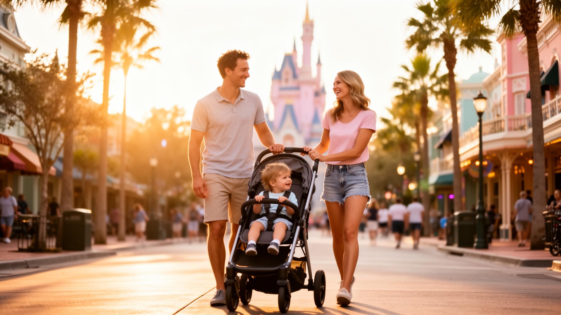 Family walking a stroller down Main Street near a Disney-style castle in Orlando at golden hour